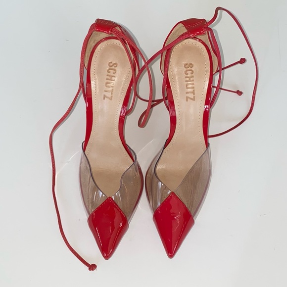 Schutz deep red patent leather and PVC ankle wrap heels - Picture 6 of 15